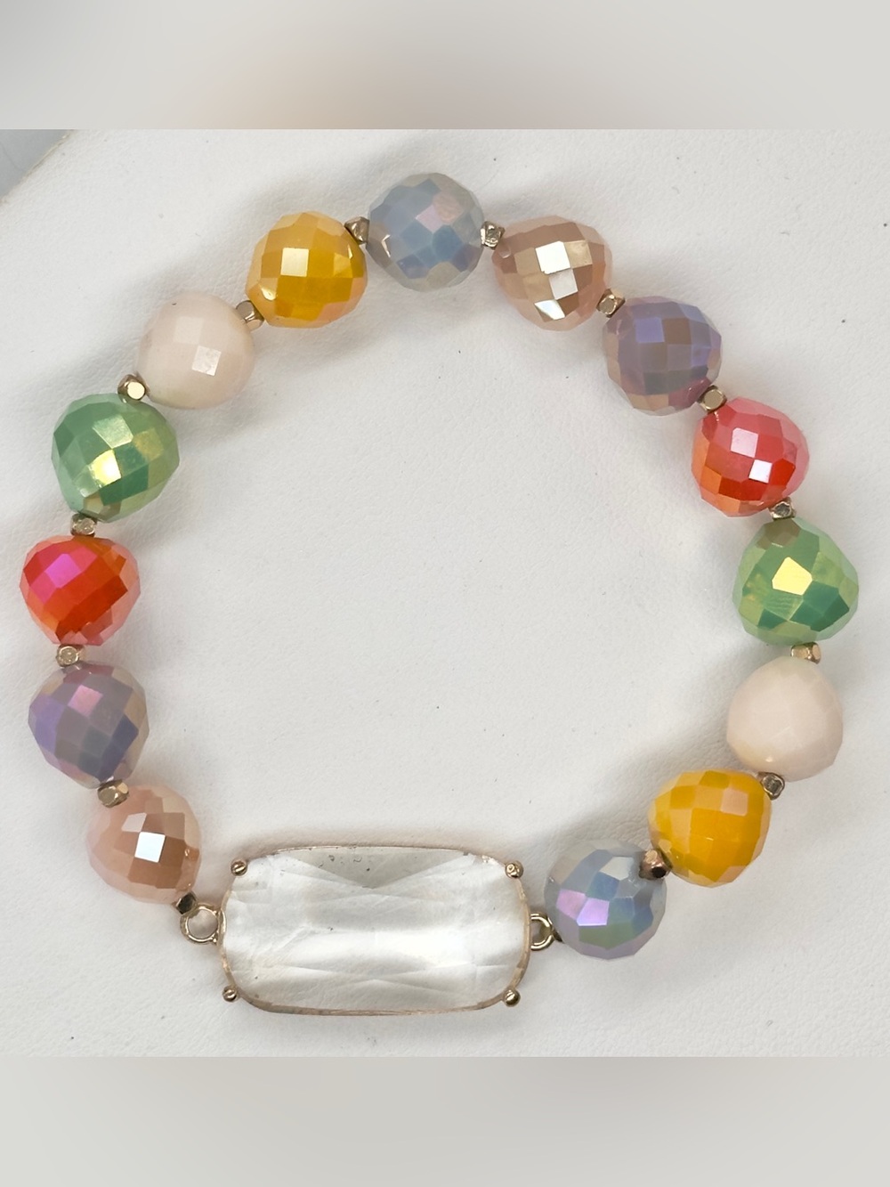 Multicolor Faceted Iridescent Glass Bead Bracelet Stretch Elastic Sparkle